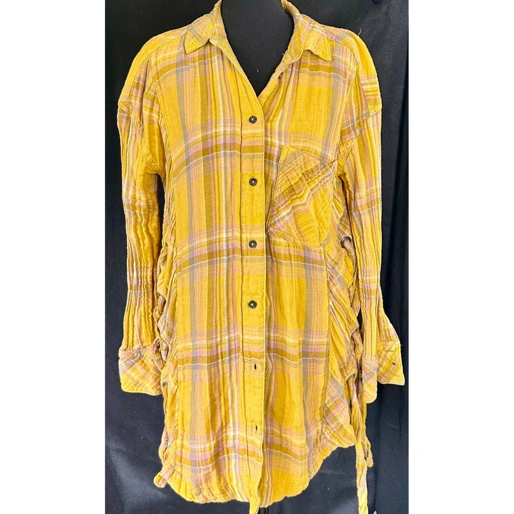 Free People Mustard Yellow Plaid Lace Up‎ Side Oversized Button Down Shirt XS
